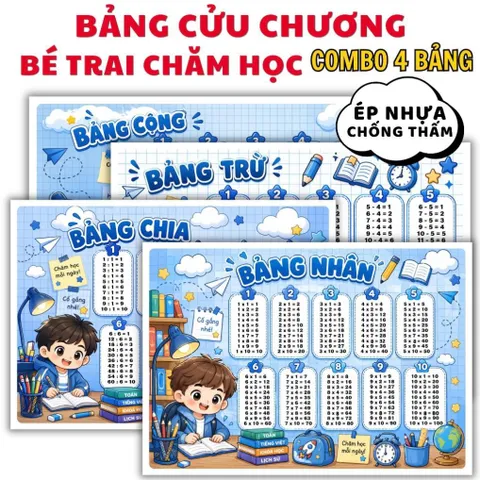 BẢNG CỬU CHƯƠNG A4 ép PLASTIC cứng cáp ( COMBO 4 BẢNG : Cộng, trừ, nhân, chia)  CÓ NHIỀU CHỦ ĐỀ