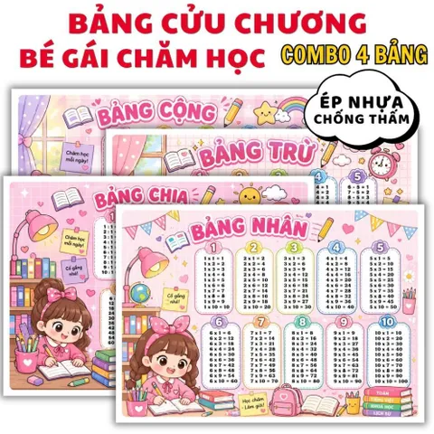 BẢNG CỬU CHƯƠNG A4 ép PLASTIC cứng cáp ( COMBO 4 BẢNG : Cộng, trừ, nhân, chia)  CÓ NHIỀU CHỦ ĐỀ