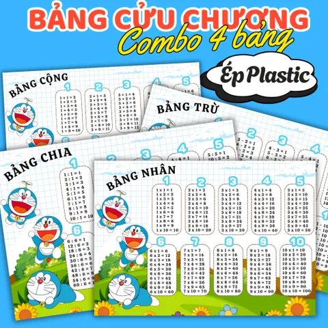 BẢNG CỬU CHƯƠNG A4 ép PLASTIC cứng cáp ( COMBO 4 BẢNG : Cộng, trừ, nhân, chia)  CÓ NHIỀU CHỦ ĐỀ