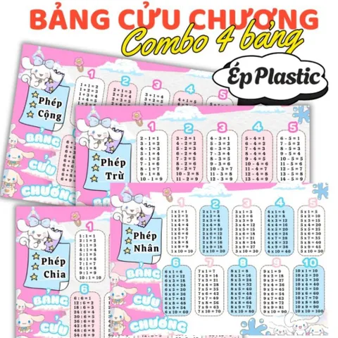 BẢNG CỬU CHƯƠNG NHIỀU CHỦ ĐỀ DỄ THƯƠNG, A4 ÉP PLASTIC (Combo 4 bảng: CỘNG, TRỪ, NHÂN, CHIA) NHIỀU MẪU