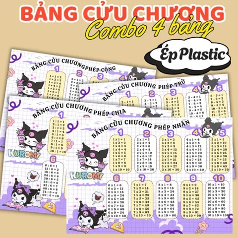 BẢNG CỬU CHƯƠNG NHIỀU CHỦ ĐỀ DỄ THƯƠNG, A4 ÉP PLASTIC (Combo 4 bảng: CỘNG, TRỪ, NHÂN, CHIA) NHIỀU MẪU