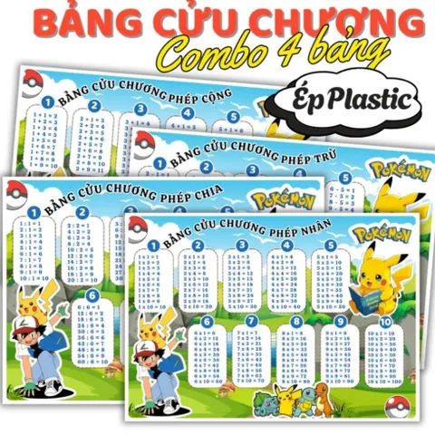 BẢNG CỬU CHƯƠNG NHIỀU CHỦ ĐỀ DỄ THƯƠNG, A4 ÉP PLASTIC (Combo 4 bảng: CỘNG, TRỪ, NHÂN, CHIA) NHIỀU MẪU