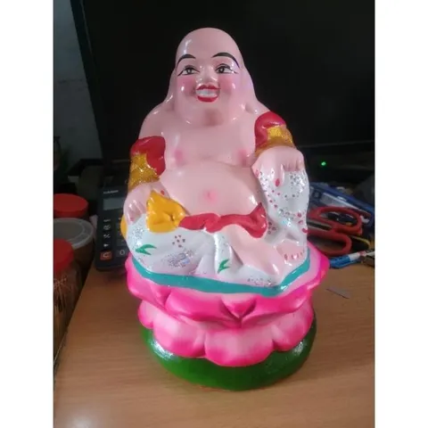 Tượng Phật Di Lặc 30cm ngồi toà sen hồng đất nung