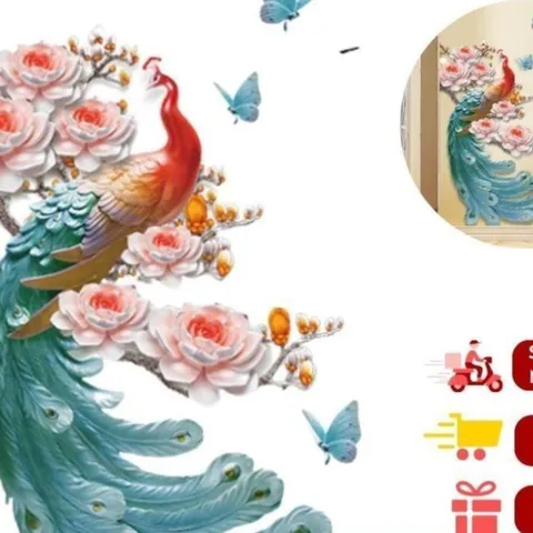 Tranh In 3D Chim Công Và Hoa Mẫu Đơn Dán Tường Trang Trí Nhà Cổ Điển, Đẹp Sang Trọng 841632