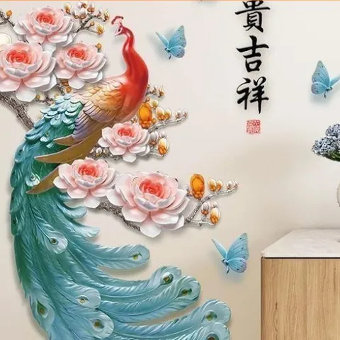 Tranh In 3D Chim Công Và Hoa Mẫu Đơn Dán Tường Trang Trí Nhà Cổ Điển, Đẹp Sang Trọng 841632