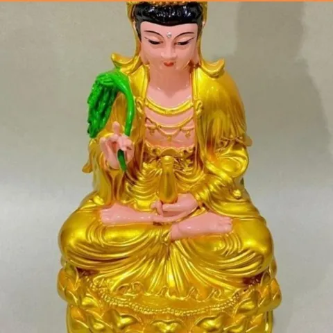 Tượng Quan Âm Màu Vàng Liễu Xanh Ngồi 30cm 841685