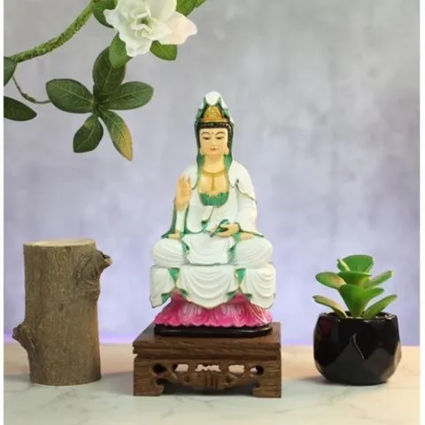 Tượng Mẹ Quan Âm 18cm Bồ Tát Mặc Áo Trắng Ngồi Đài Sen Hồng 841729