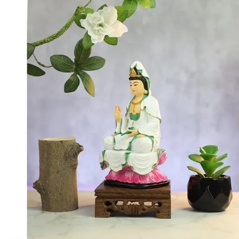 Tượng Mẹ Quan Âm 18cm Bồ Tát Mặc Áo Trắng Ngồi Đài Sen Hồng 841729