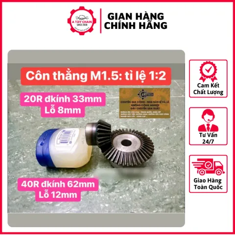 Bánh Răng Côn 90° Modun M1.5: 20R-40Răng. Tỉ Lệ 1:2 Thiết Kế Nhỏ Gọn, Đa Năng Dễ Sử Dụng