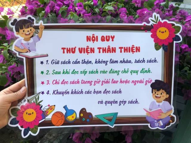 Nội qui thư viện thân thiện - Trang trí lớp học (mẫu ép plastic, sẵn băng keo), giáo cụ dạy học cho giáo viên tiểu học.
