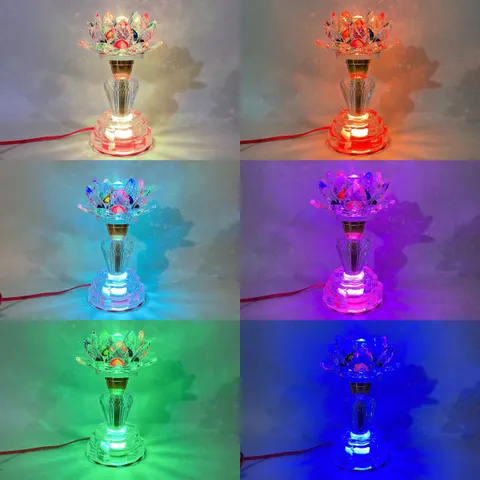 Cặp Đèn Thờ Hoa Sen Pha Lê Cao 17cm Nhiều Chế Độ Màu Siêu Đẹp