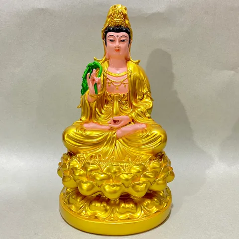 Tượng Phật Quan Âm Bồ Tát Ngồi Màu Nhũ Vàng Cao 30 cm