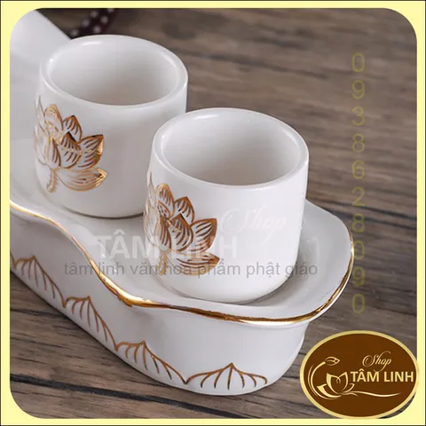 Bộ Án 5 ly Bạch Ngọc Sen Nổi Bằng Sứ Cao Cấp - Loại 1