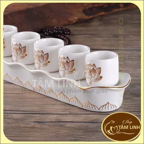 Bộ Án 5 ly Bạch Ngọc Sen Nổi Bằng Sứ Cao Cấp - Loại 1