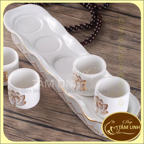 Bộ Án 5 ly Bạch Ngọc Sen Nổi Bằng Sứ Cao Cấp - Loại 1