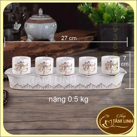 Bộ Án 5 ly Bạch Ngọc Sen Nổi Bằng Sứ Cao Cấp - Loại 1