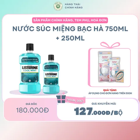 NƯỚC SÚC MIỆNG LISTERINE BẠC HÀ 750ml + 250ml - Thanh mát, làm sạch sâu, hơi thở thơm mát, không chứa cồn, chăm sóc răng