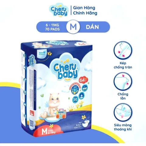 [Tặng 2 miếng dùng thử] Bỉm dán Cherrubaby M70, sản xuất theo công nghệ hiện đại và tiên tiến, thấm hút nhanh,chống tràn