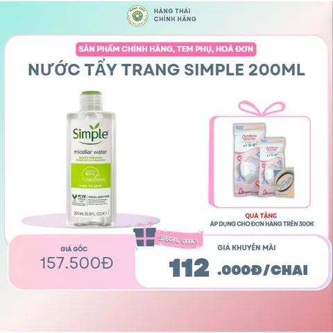 NƯỚC TẨY TRANG sạch sâu và cấp ẩm cho da Simple Micellar Water 200ml