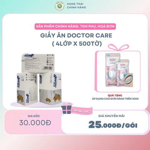 Gói 500 tờ giấy ăn SLISOFT DOCTOR CARE chính hãng, khăn giấy khô tự nhiên từ bột tre, thấm hút tốt, an toàn sức khoẻ