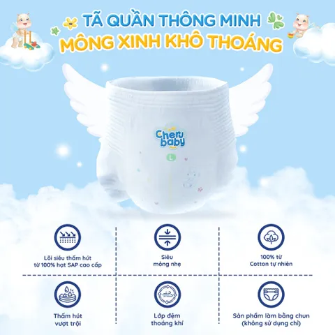 [Tặng 2 miếng dùng thử - Đủ size] Bỉm hữu cơ CheruBaby nhập khẩu Mỹ, siêu mỏng, siêu thấm, an toàn cho da bé