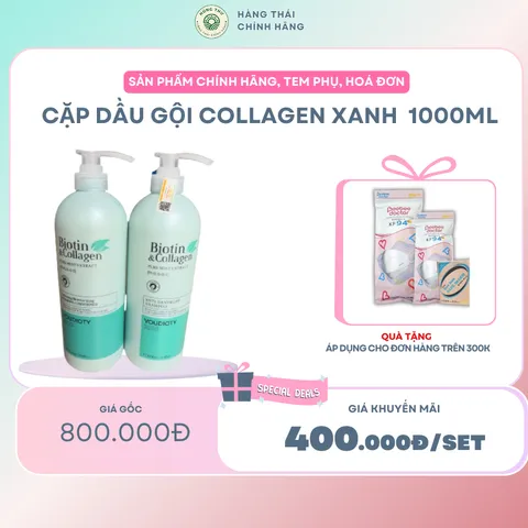Cặp dầu gội Collagen xanh dương dành cho tóc gàu hư tổn 1000ml dùng trong salon tóc