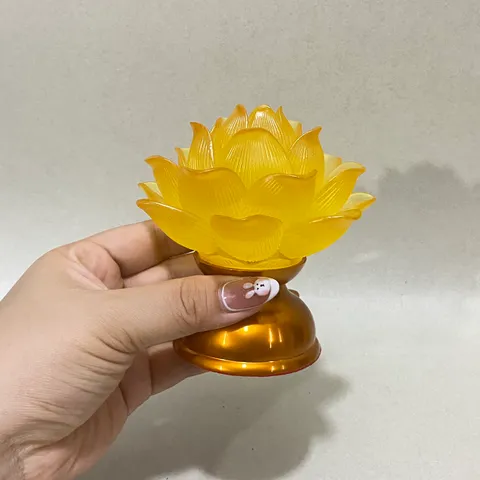 Cặp Đèn Thờ Hoa Sen Nở Nhựa Lưu Ly Thân Hợp Kim Chân Vàng Cao 10cm Siêu Đẹp DƯƠNG KHOA SHOP