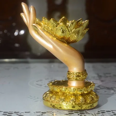 Tượng bàn tay Phật nâng hoa sen xi vàng cao 12cm