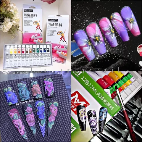 Set 12 màu bột vẽ cọ bản nail cao cấp siêu đặc chuẩn màu