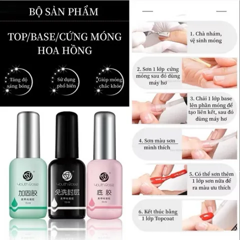 Bộ Base Top hoa hồng Youth Rose chai 15ml 20ml - Gel liên kết phủ bóng siêu bền chính hãng [ TÚ ANH NAIL ]