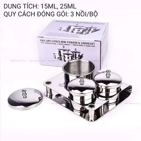Bộ 3 Nồi INOX Không Gỉ Cao Cấp Đựng Liqid Lư.u Huỳnh Đắp Bột Móng Có Nắp Đậy Chống Bay Hơi - Chống Ăn Mòn Tiện Lợi