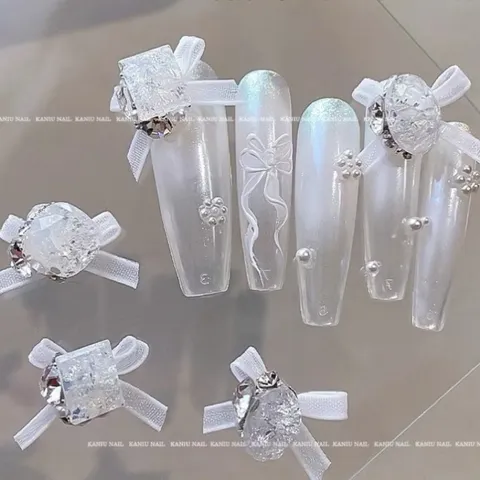 Charm đá khối mix nơ vải cao cấp gắn trang trí móng mẫu mới siêu đẹp HO.T set 9 chiếc