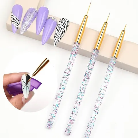 Set 3 cọ nét cán nhũ tím siêu mảnh vẽ móng đủ size 7-9-11mm