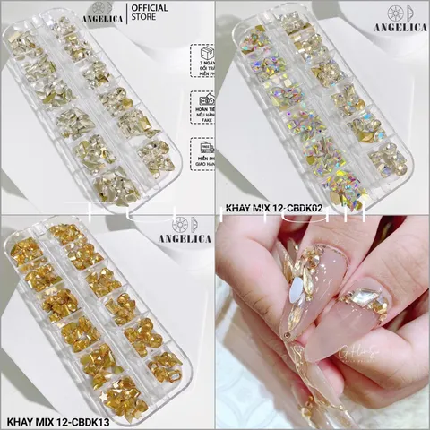Khay đá khối Angel mix 2 loại cao cấp đính móng siêu sáng đẹp đủ màu Hot
