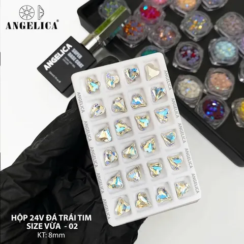 Khay 24 viên đá khối trái tim giả úc Angelica cao cấp đính móng siêu sáng bền