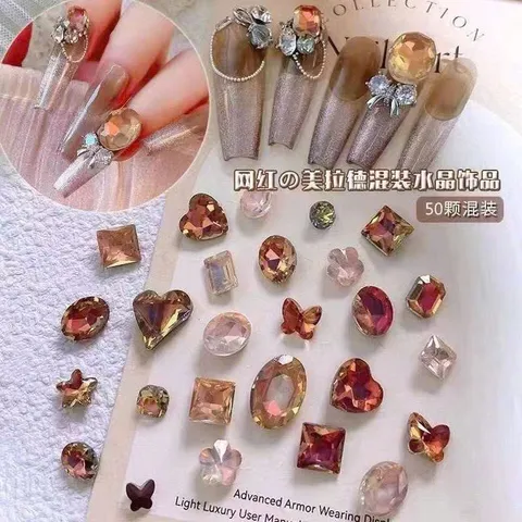 Set 50v Đá khối chân lồi màu hổ phách đính móng siêu đẹp mẫu mới cực Hot