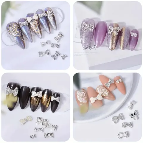 Set cham nơ bạc gắn đá đính móng siêu sáng đẹp