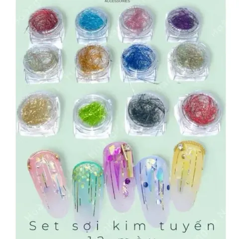 Sét 12 hũ nhũ sợi kim tuyến nhũ tóc ẩn nail trang trí tạo đa dạng mẫu nail siêu HOT