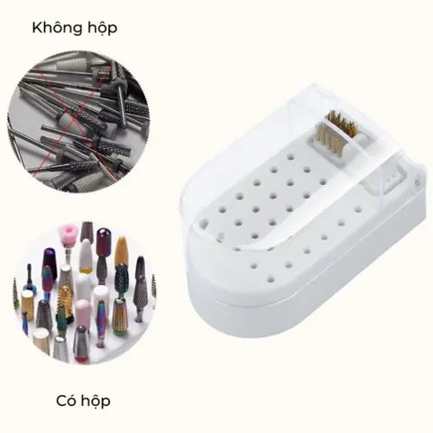Hộp đựng đầu mài Nail cỡ lớn 30 lỗ cắm kèm chổi vệ sinh đa năng có nắp đậy bảo quản đầu mài cực tốt