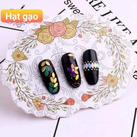 Set 12 ô nhũ đá hạt gạo hình lá trang trí móng đa dạng siêu đẹp