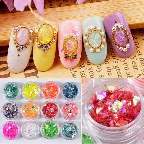 Set 12 hũ giấy xà cừ thuỷ tinh khổng tước ẩn gel trang trí móng siêu đẹp Hot