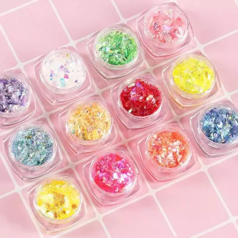 Set 12 hũ giấy xà cừ thuỷ tinh khổng tước ẩn gel trang trí móng siêu đẹp Hot