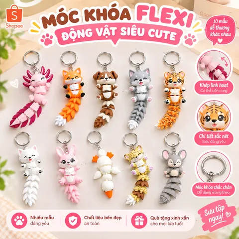 Combo 10 móc khóa Flexi động vật dễ thương khớp linh hoạt treo túi xách ô tô