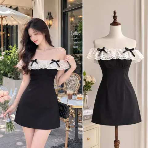 (PASS) Đầm trễ vai đính nơ tiểu thư (<48kg)