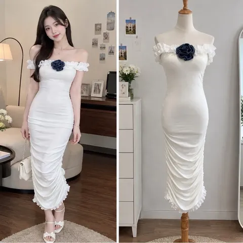 (PASS) Đầm body trễ vai viền bèo đính hoa (<50kg)