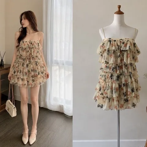 (PASS) Set áo hai dây kèm chân váy tầng (<50kg)