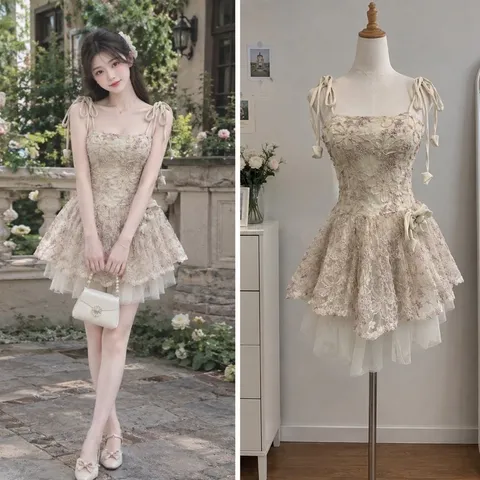 (PASS) Đầm hai dây voan xoè tầng (<48kg)