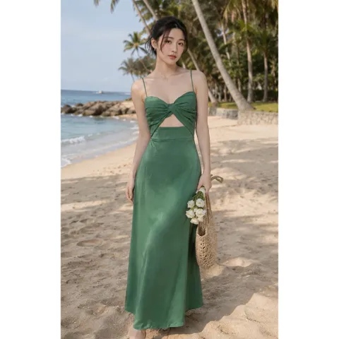 (PASS) Đầm maxi lụa đi biển thiết kế cắt xẻ (<45kg)