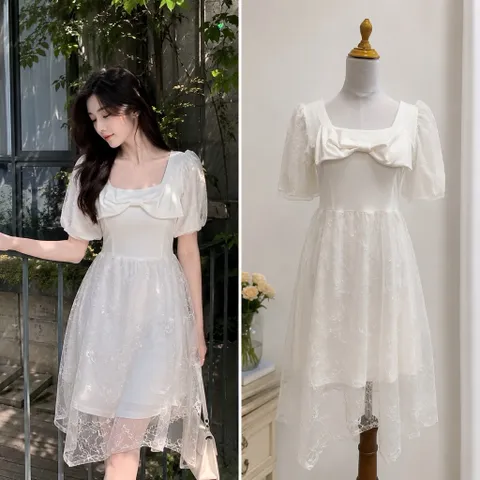 (PASS) Đầm ren tiểu thư 2 lớp đính nơ (<48kg)