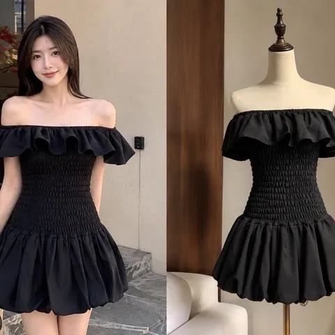 (PASS) Đầm nhún trễ vai phối chân váy bí (<46kg)